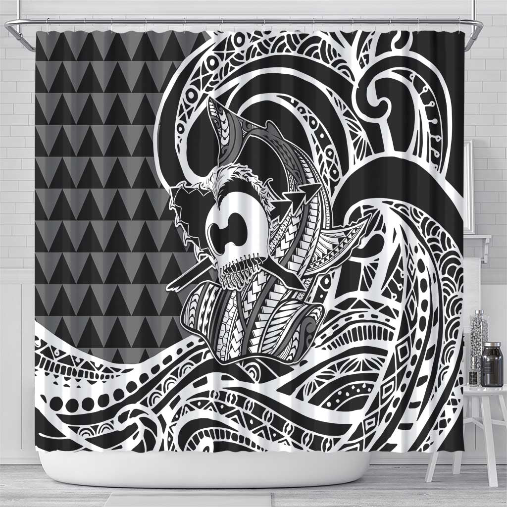 Koa Ikaika Warrior Helmet with Shark Shower Curtain Black Kakau Style