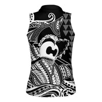 Koa Ikaika Warrior Helmet with Shark Women Sleeveless Polo Shirt Black Kakau Style LT9 - Polynesian Pride