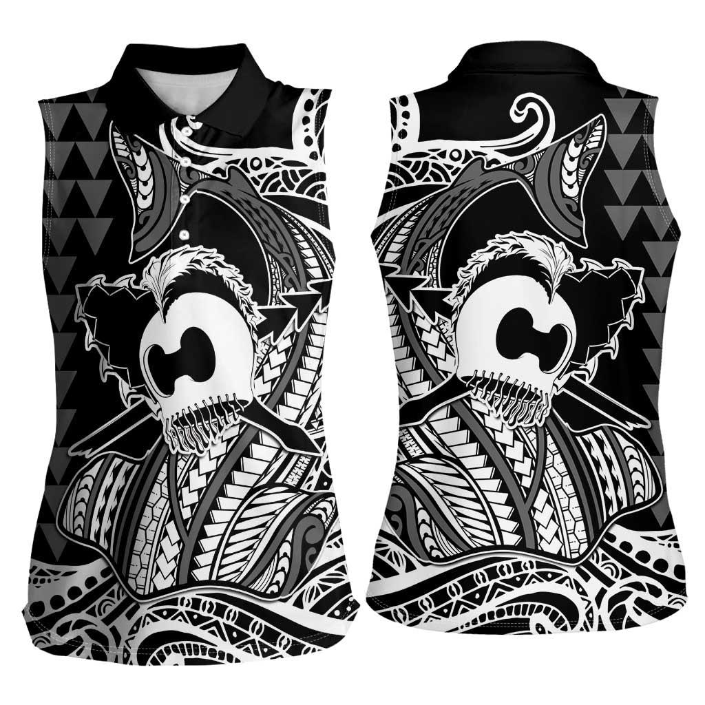 Koa Ikaika Warrior Helmet with Shark Women Sleeveless Polo Shirt Black Kakau Style LT9 - Polynesian Pride
