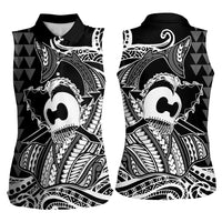 Koa Ikaika Warrior Helmet with Shark Women Sleeveless Polo Shirt Black Kakau Style LT9 - Polynesian Pride