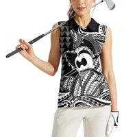 Koa Ikaika Warrior Helmet with Shark Women Sleeveless Polo Shirt Black Kakau Style LT9 - Polynesian Pride