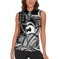 Koa Ikaika Warrior Helmet with Shark Women Sleeveless Polo Shirt Black Kakau Style LT9 - Polynesian Pride