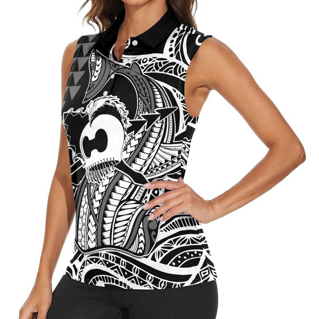 Koa Ikaika Warrior Helmet with Shark Women Sleeveless Polo Shirt Black Kakau Style LT9 - Polynesian Pride
