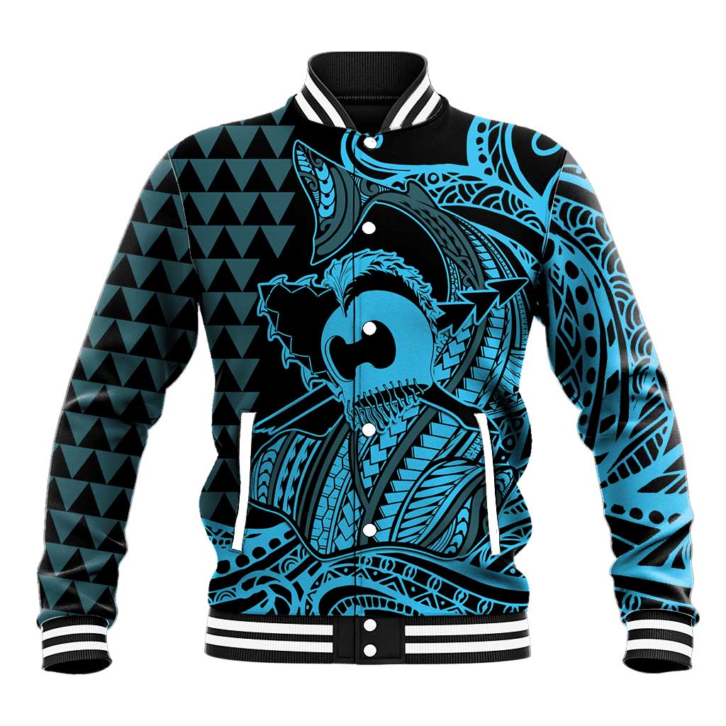 Koa Ikaika Warrior Helmet with Shark Baseball Jacket Blue Kakau Style LT9 Unisex Blue - Polynesian Pride
