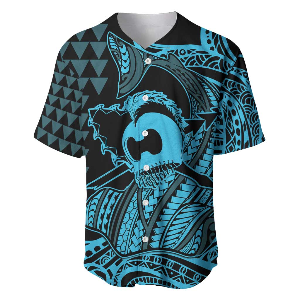 Koa Ikaika Warrior Helmet with Shark Baseball Jersey Blue Kakau Style LT9 Blue - Polynesian Pride