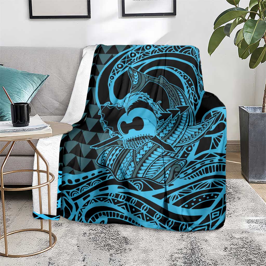 Koa Ikaika Warrior Helmet with Shark Blanket Blue Kakau Style