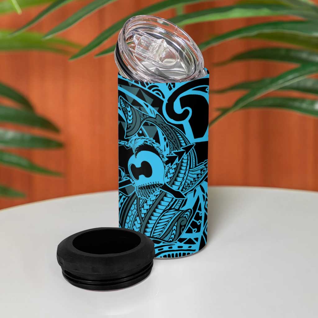 Koa Ikaika Warrior Helmet with Shark 4 in 1 Can Cooler Tumbler Blue Kakau Style