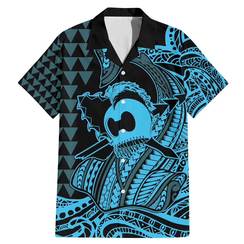 Koa Ikaika Warrior Helmet with Shark Family Matching Mermaid Dress and Hawaiian Shirt Blue Kakau Style