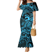 Koa Ikaika Warrior Helmet with Shark Family Matching Mermaid Dress and Hawaiian Shirt Blue Kakau Style