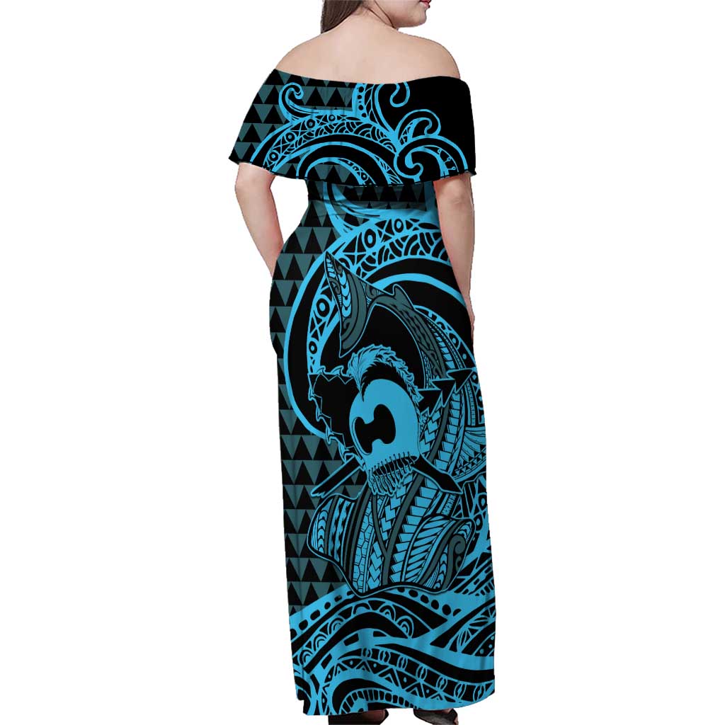 Koa Ikaika Warrior Helmet with Shark Family Matching Off Shoulder Maxi Dress and Hawaiian Shirt Blue Kakau Style