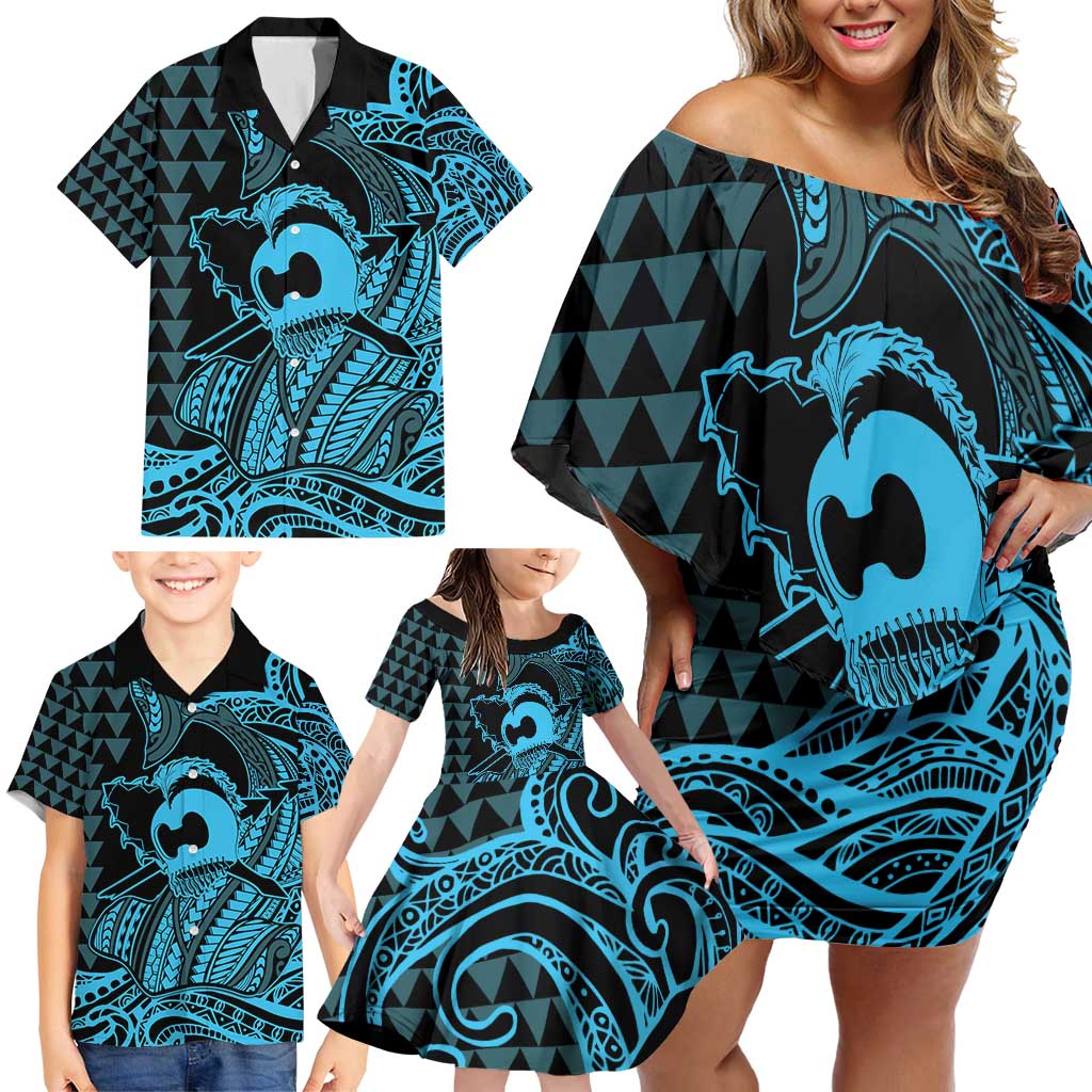 Koa Ikaika Warrior Helmet with Shark Family Matching Off Shoulder Short Dress and Hawaiian Shirt Blue Kakau Style