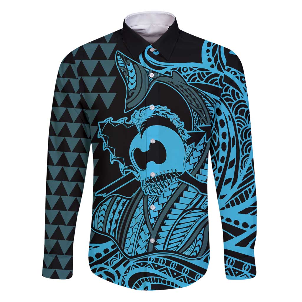 Koa Ikaika Warrior Helmet with Shark Family Matching Puletasi and Hawaiian Shirt Blue Kakau Style