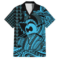 Koa Ikaika Warrior Helmet with Shark Family Matching Tank Maxi Dress and Hawaiian Shirt Blue Kakau Style