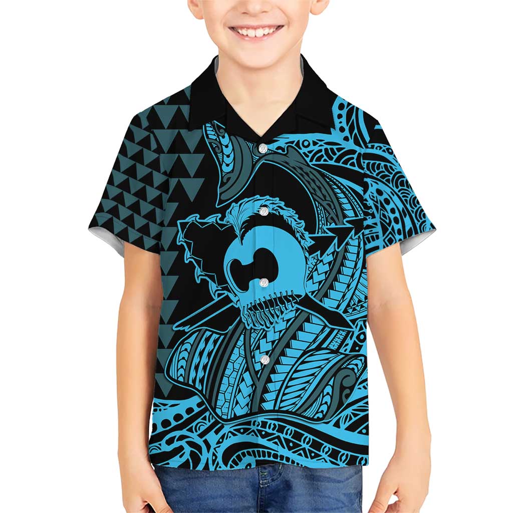 Koa Ikaika Warrior Helmet with Shark Kid Hawaiian Shirt Blue Kakau Style LT9 Kid Blue - Polynesian Pride