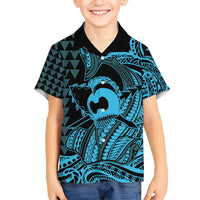 Koa Ikaika Warrior Helmet with Shark Kid Hawaiian Shirt Blue Kakau Style LT9 Kid Blue - Polynesian Pride