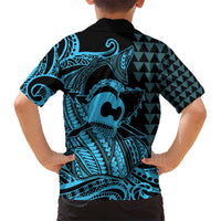 Koa Ikaika Warrior Helmet with Shark Kid Hawaiian Shirt Blue Kakau Style LT9 - Polynesian Pride
