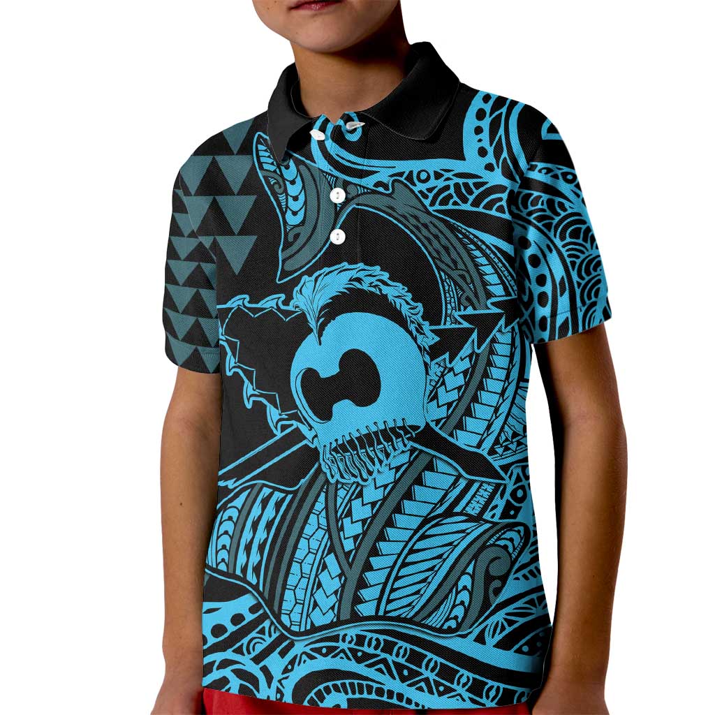 Koa Ikaika Warrior Helmet with Shark Kid Polo Shirt Blue Kakau Style LT9 Kid Blue - Polynesian Pride