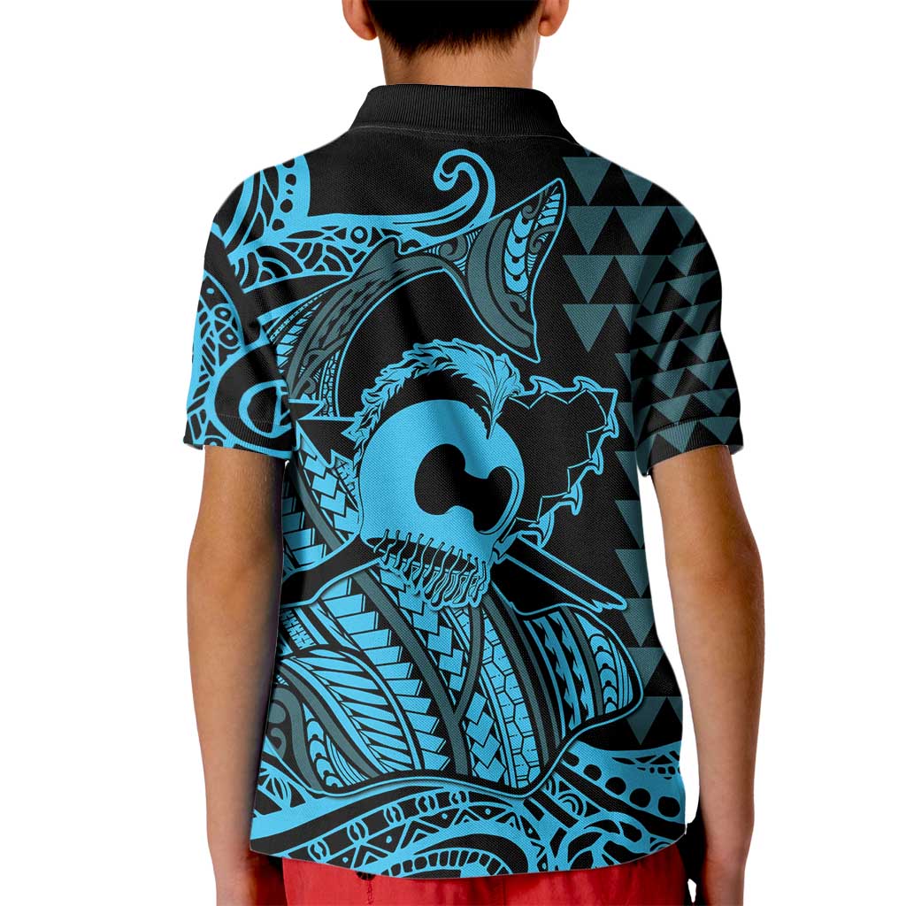 Koa Ikaika Warrior Helmet with Shark Kid Polo Shirt Blue Kakau Style LT9 - Polynesian Pride