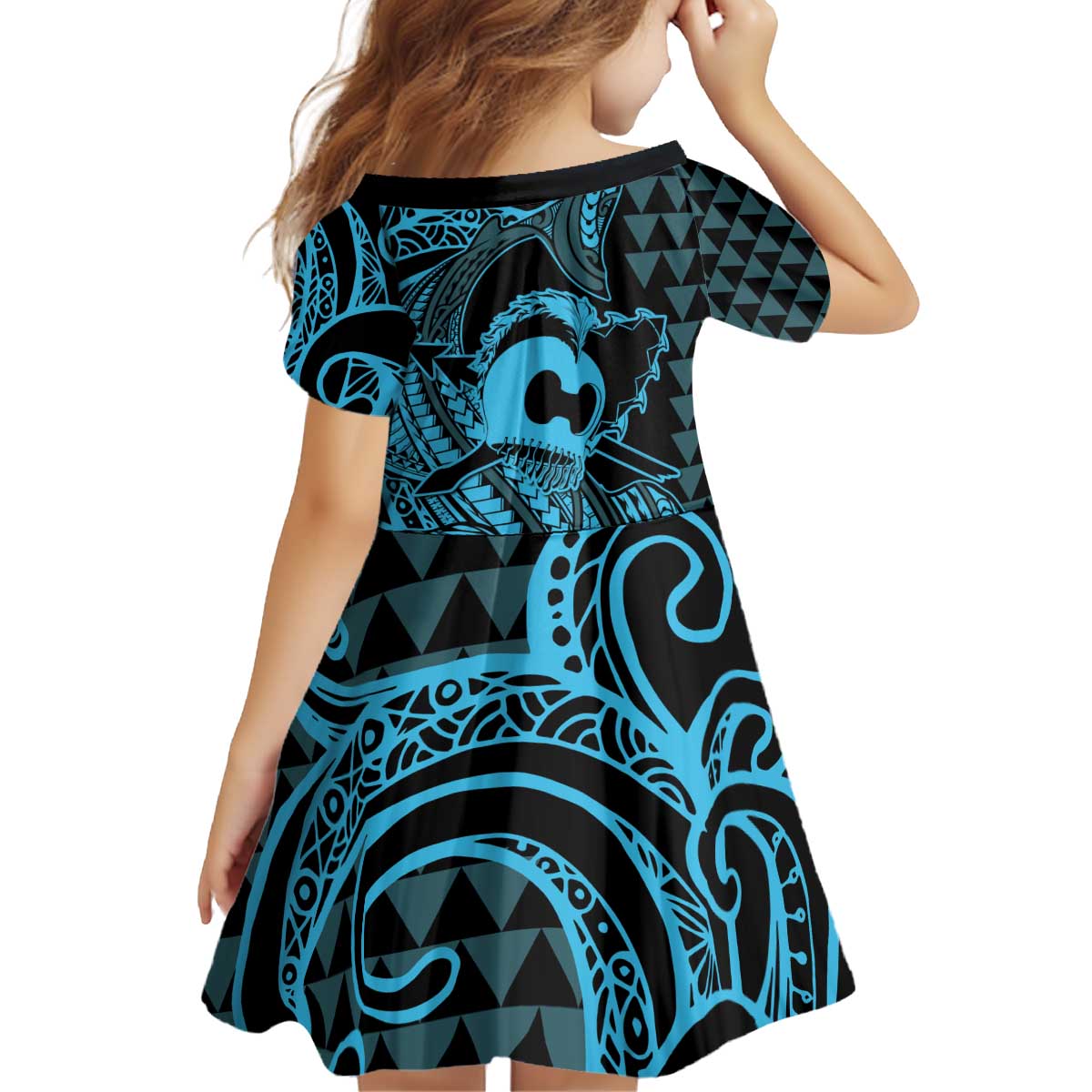 Koa Ikaika Warrior Helmet with Shark Kid Short Sleeve Dress Blue Kakau Style