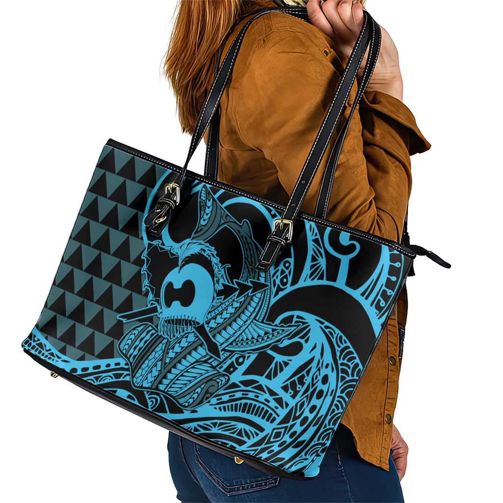 Koa Ikaika Warrior Helmet with Shark Leather Tote Bag Blue Kakau Style