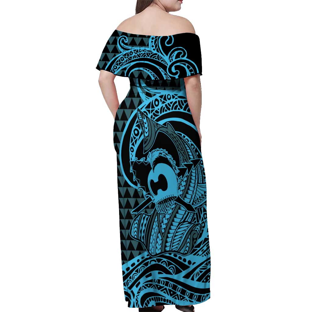 Koa Ikaika Warrior Helmet with Shark Off Shoulder Maxi Dress Blue Kakau Style LT9 - Polynesian Pride
