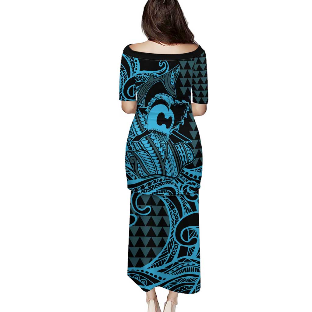 Koa Ikaika Warrior Helmet with Shark Puletasi Blue Kakau Style