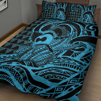 Koa Ikaika Warrior Helmet with Shark Quilt Bed Set Blue Kakau Style