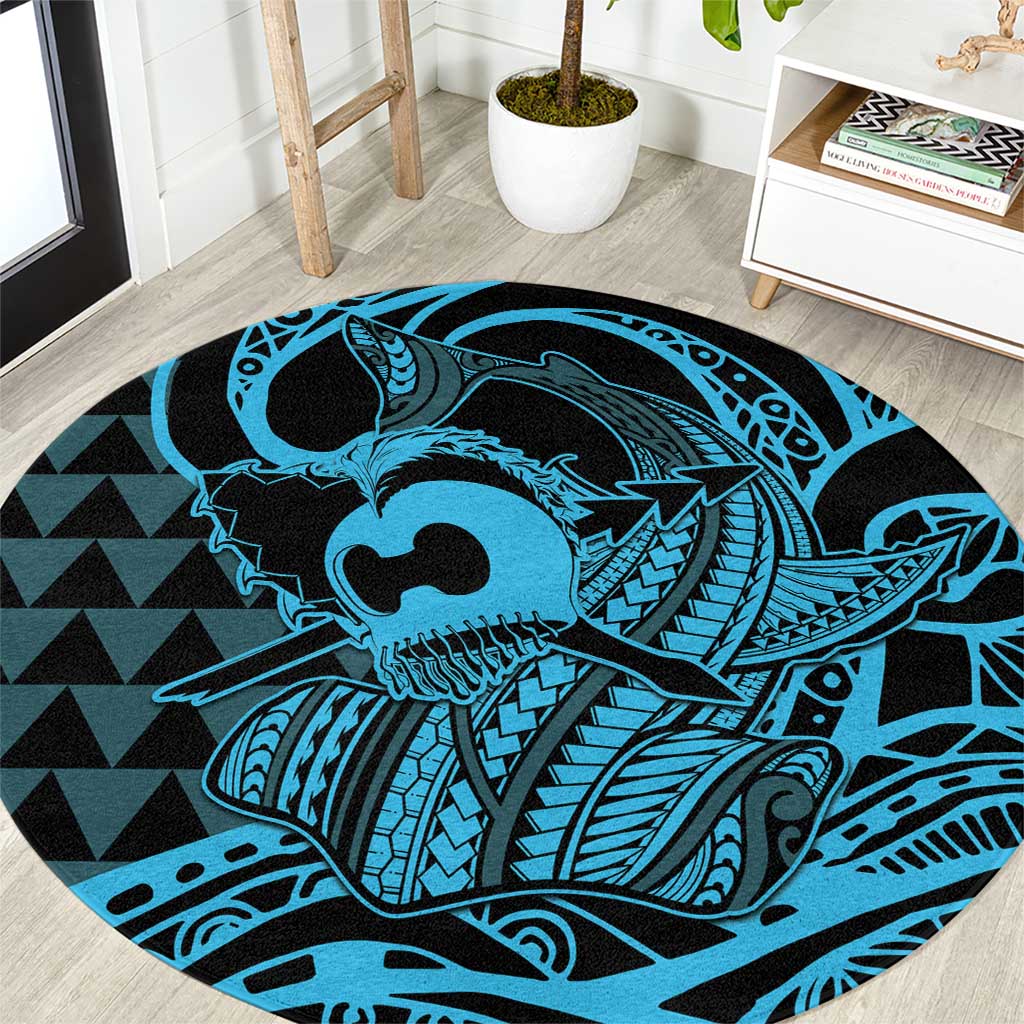 Koa Ikaika Warrior Helmet with Shark Round Carpet Blue Kakau Style LT9 Blue - Polynesian Pride