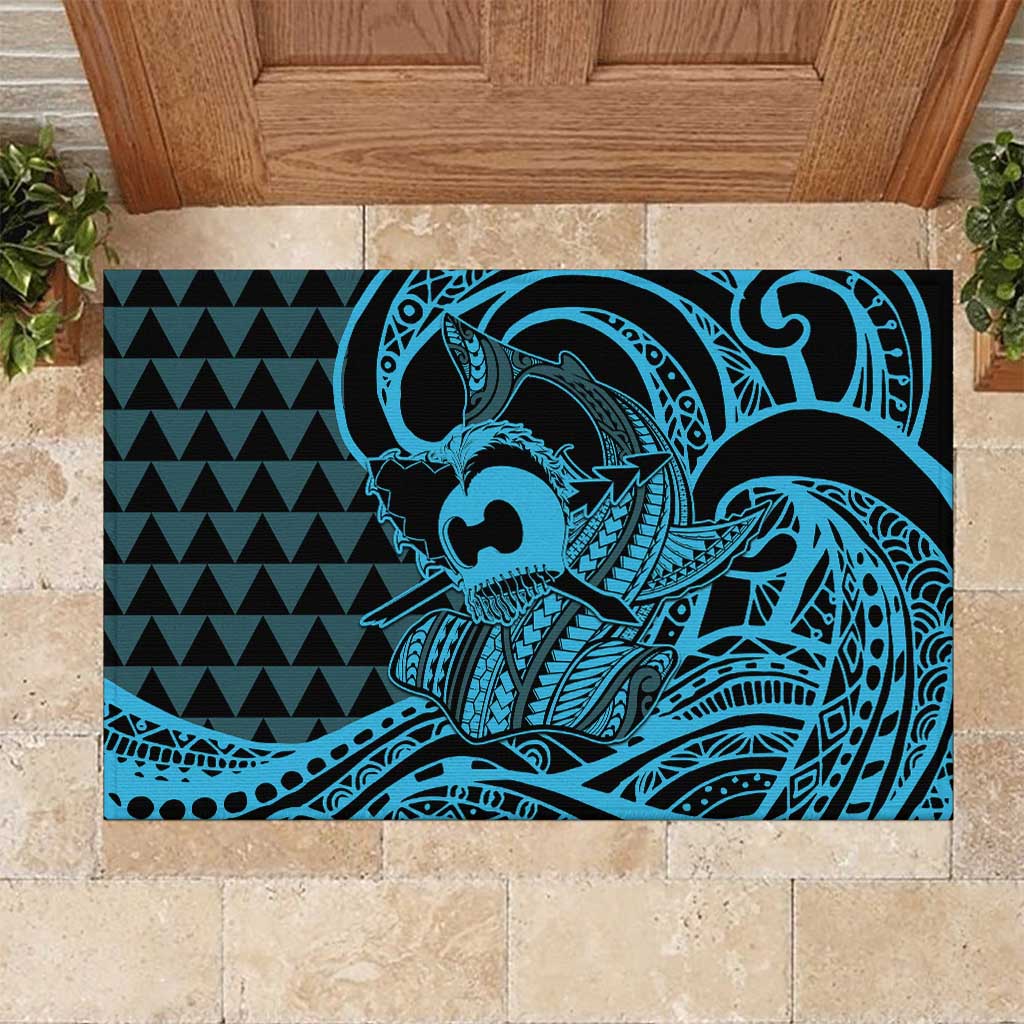 Koa Ikaika Warrior Helmet with Shark Rubber Doormat Blue Kakau Style LT9 Blue - Polynesian Pride