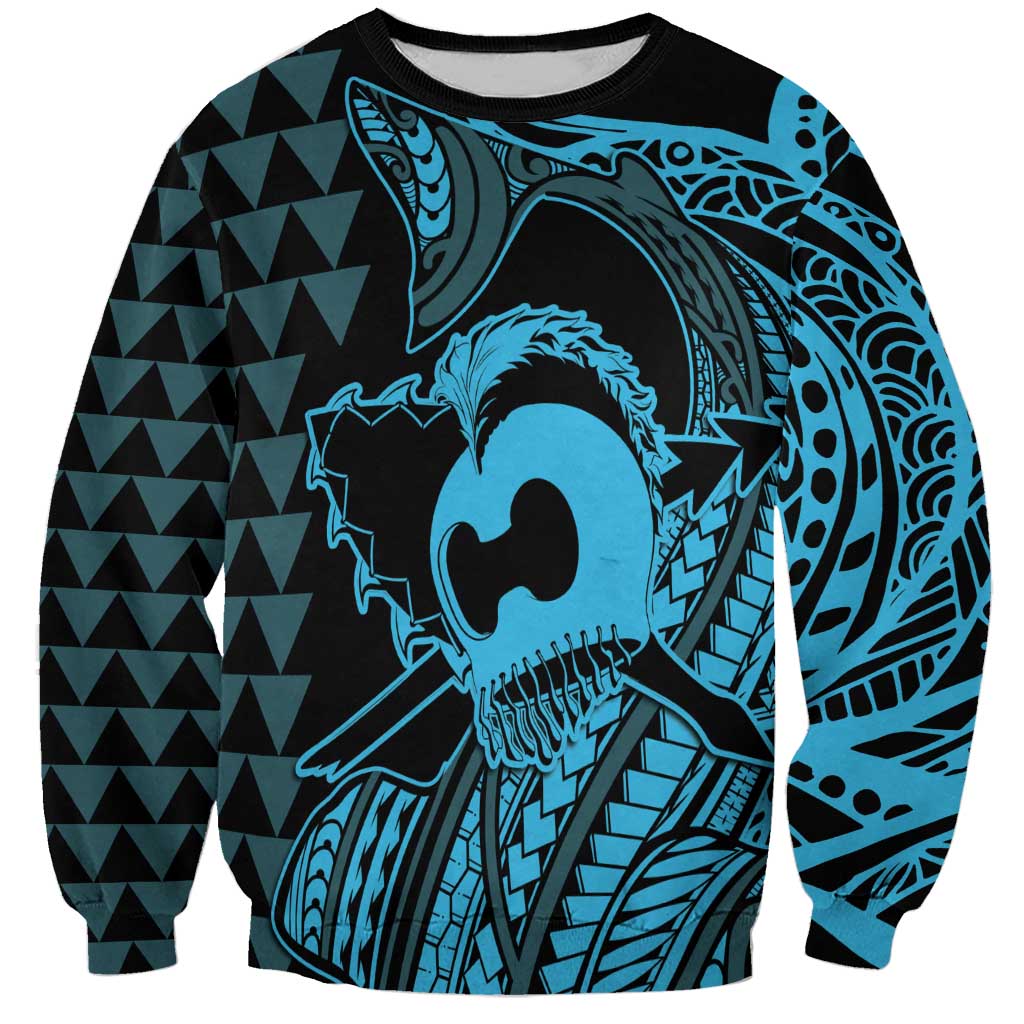 Koa Ikaika Warrior Helmet with Shark Sweatshirt Blue Kakau Style LT9 Unisex Blue - Polynesian Pride