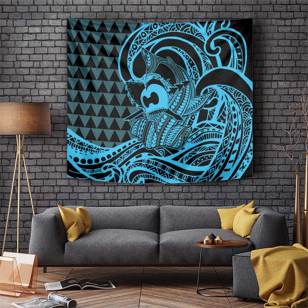 Koa Ikaika Warrior Helmet with Shark Tapestry Blue Kakau Style LT9 Blue - Polynesian Pride