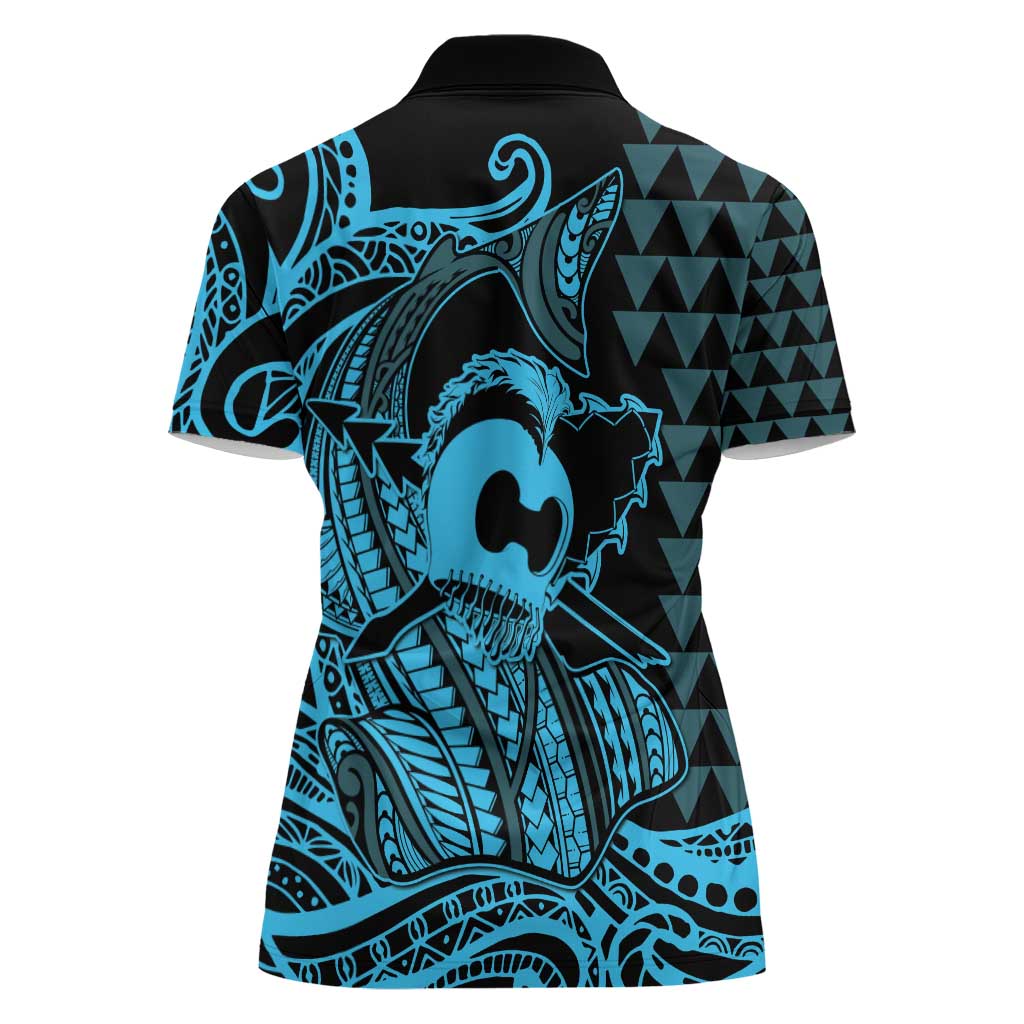 Koa Ikaika Warrior Helmet with Shark Women Polo Shirt Blue Kakau Style