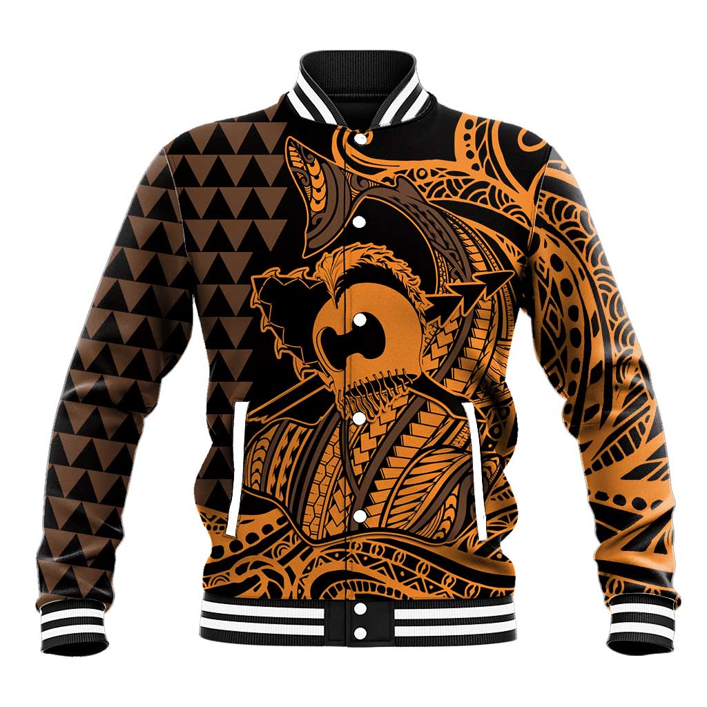 Koa Ikaika Warrior Helmet with Shark Baseball Jacket Gold Kakau Style LT9 Unisex Gold - Polynesian Pride