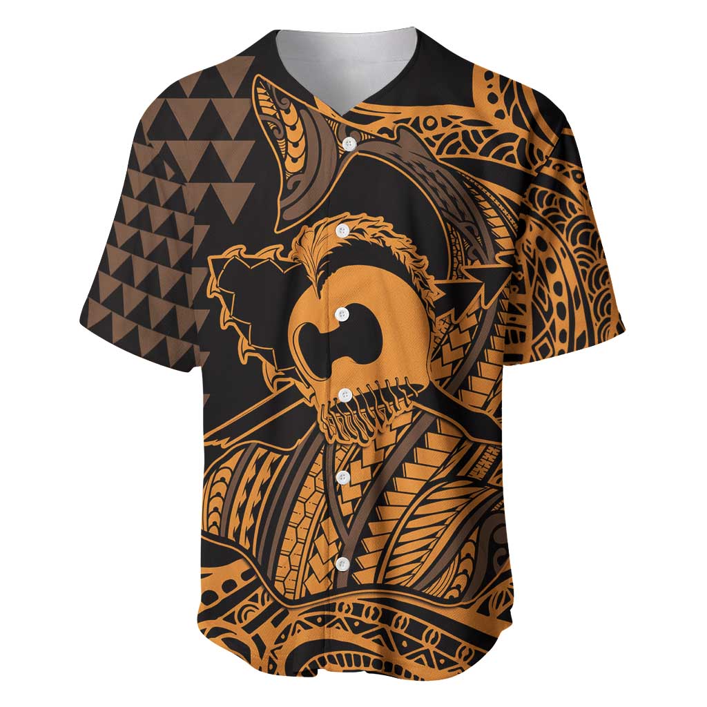 Koa Ikaika Warrior Helmet with Shark Baseball Jersey Gold Kakau Style LT9 Gold - Polynesian Pride