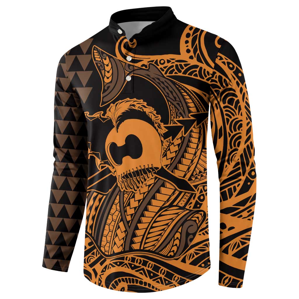 Koa Ikaika Warrior Helmet with Shark Button Sweatshirt Gold Kakau Style