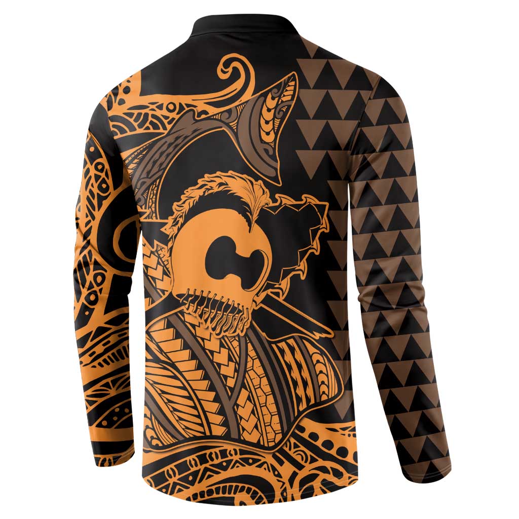 Koa Ikaika Warrior Helmet with Shark Button Sweatshirt Gold Kakau Style