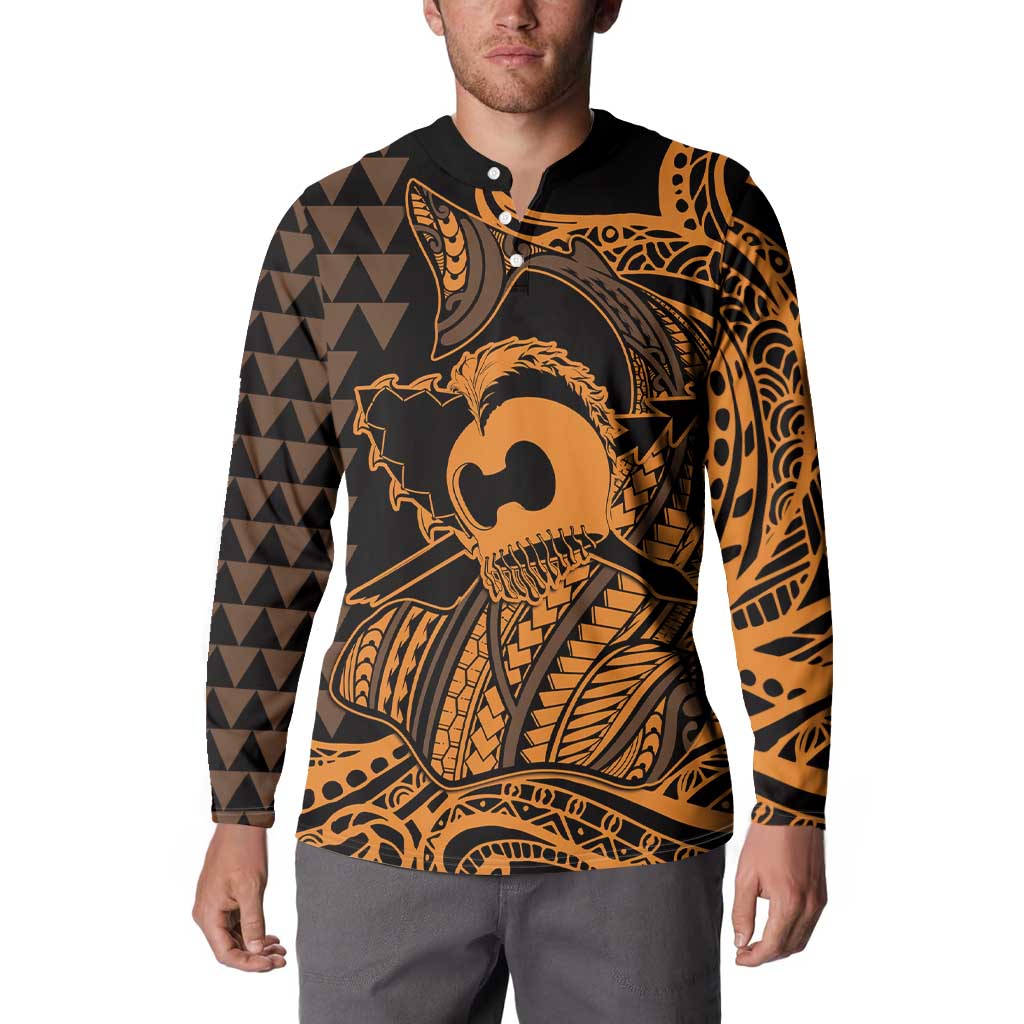 Koa Ikaika Warrior Helmet with Shark Button Sweatshirt Gold Kakau Style