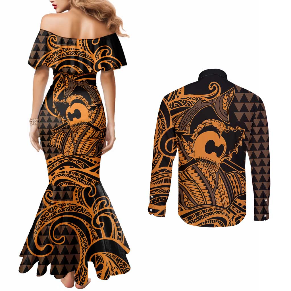 Koa Ikaika Warrior Helmet with Shark Couples Matching Mermaid Dress and Long Sleeve Button Shirt Gold Kakau Style