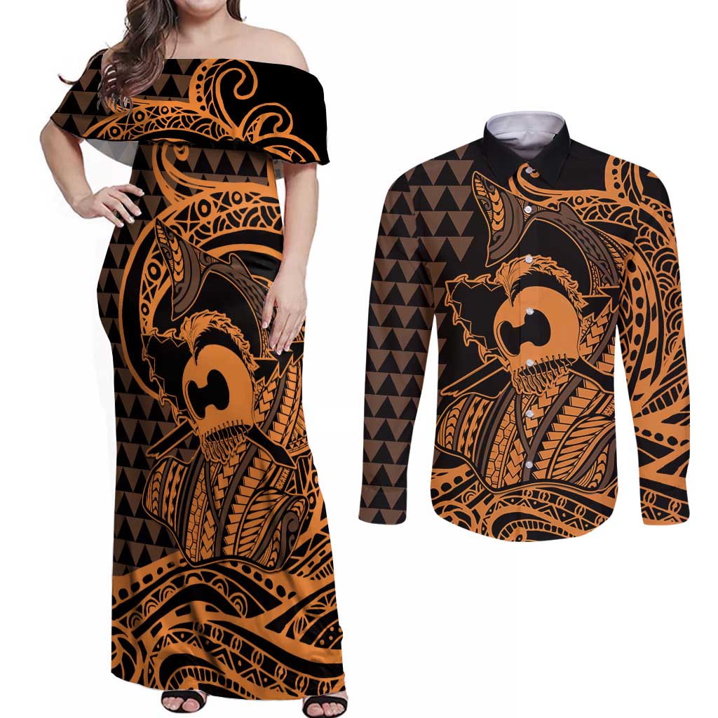 Koa Ikaika Warrior Helmet with Shark Couples Matching Off Shoulder Maxi Dress and Long Sleeve Button Shirt Gold Kakau Style LT9 Gold - Polynesian Pride
