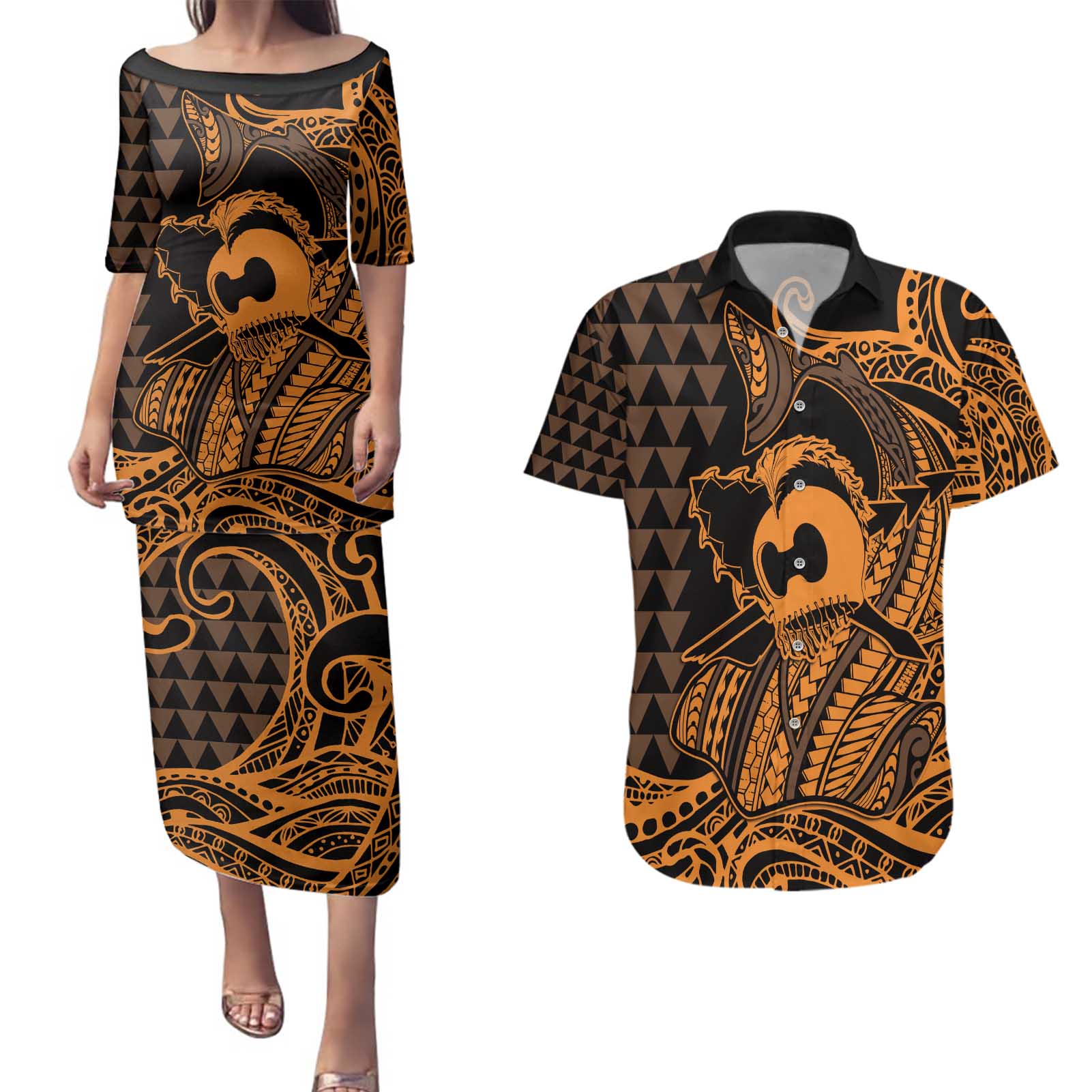 Koa Ikaika Warrior Helmet with Shark Couples Matching Puletasi and Hawaiian Shirt Gold Kakau Style