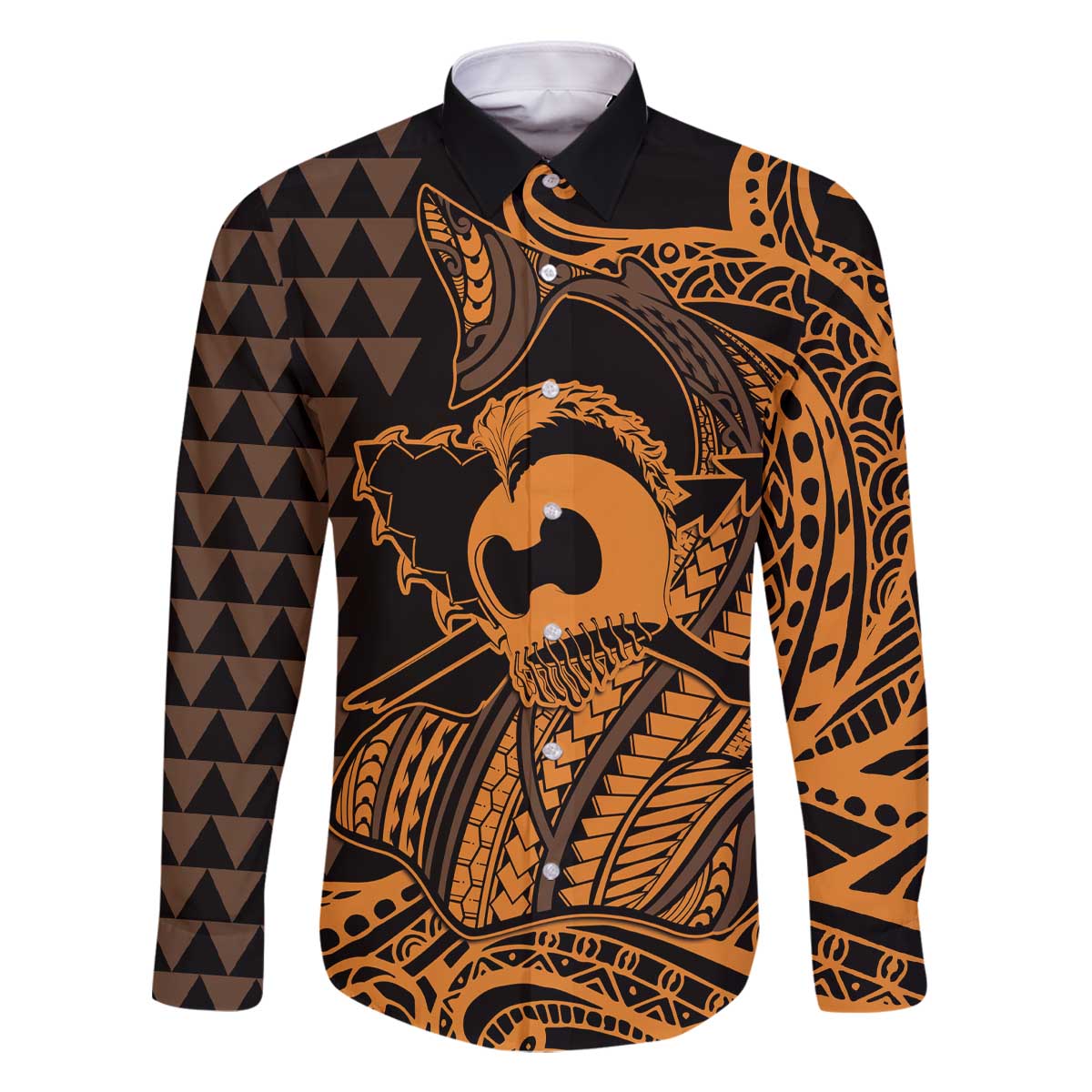 Koa Ikaika Warrior Helmet with Shark Family Matching Off The Shoulder Long Sleeve Dress and Hawaiian Shirt Gold Kakau Style