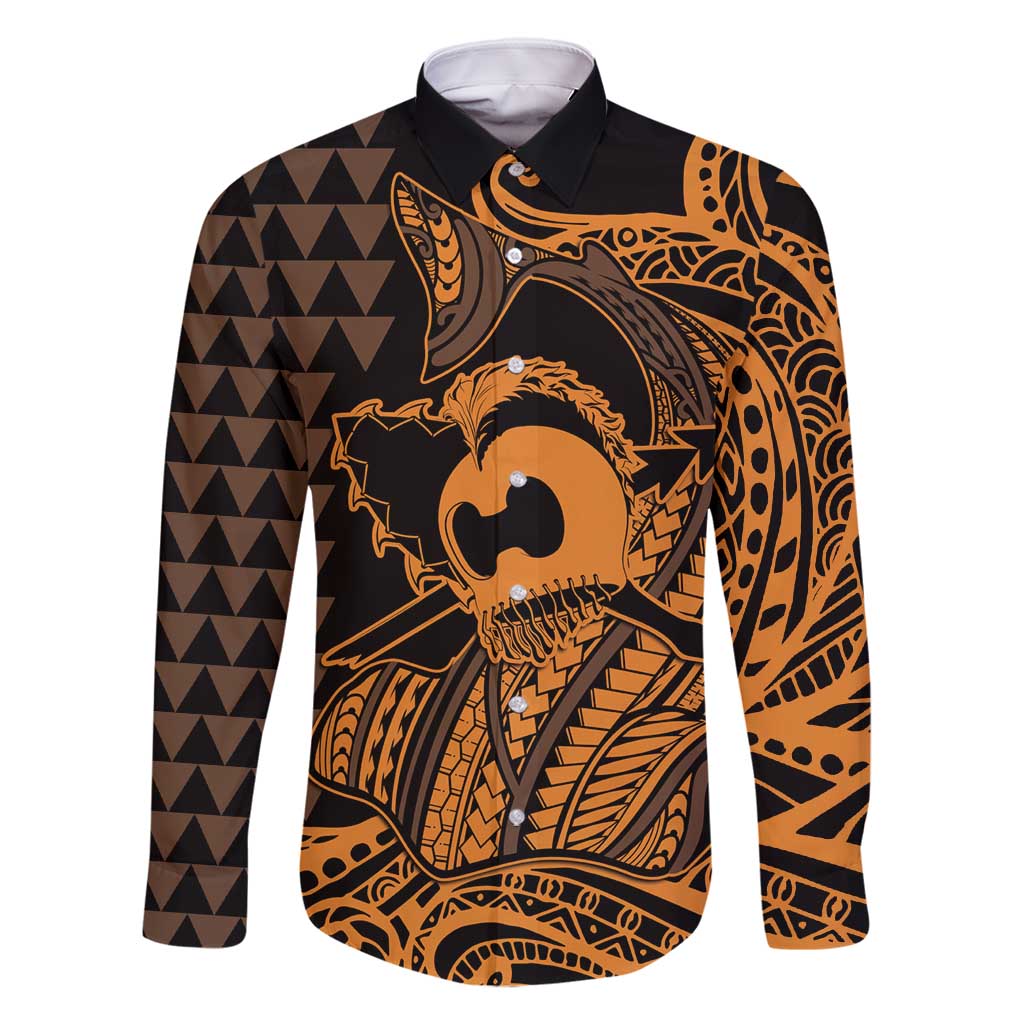 Koa Ikaika Warrior Helmet with Shark Family Matching Off Shoulder Maxi Dress and Hawaiian Shirt Gold Kakau Style