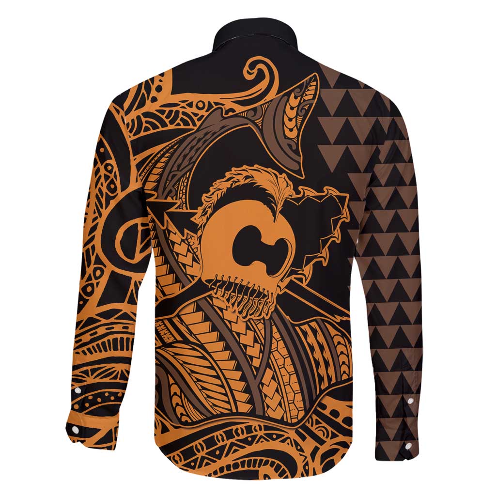 Koa Ikaika Warrior Helmet with Shark Family Matching Puletasi and Hawaiian Shirt Gold Kakau Style