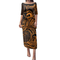 Koa Ikaika Warrior Helmet with Shark Family Matching Puletasi and Hawaiian Shirt Gold Kakau Style