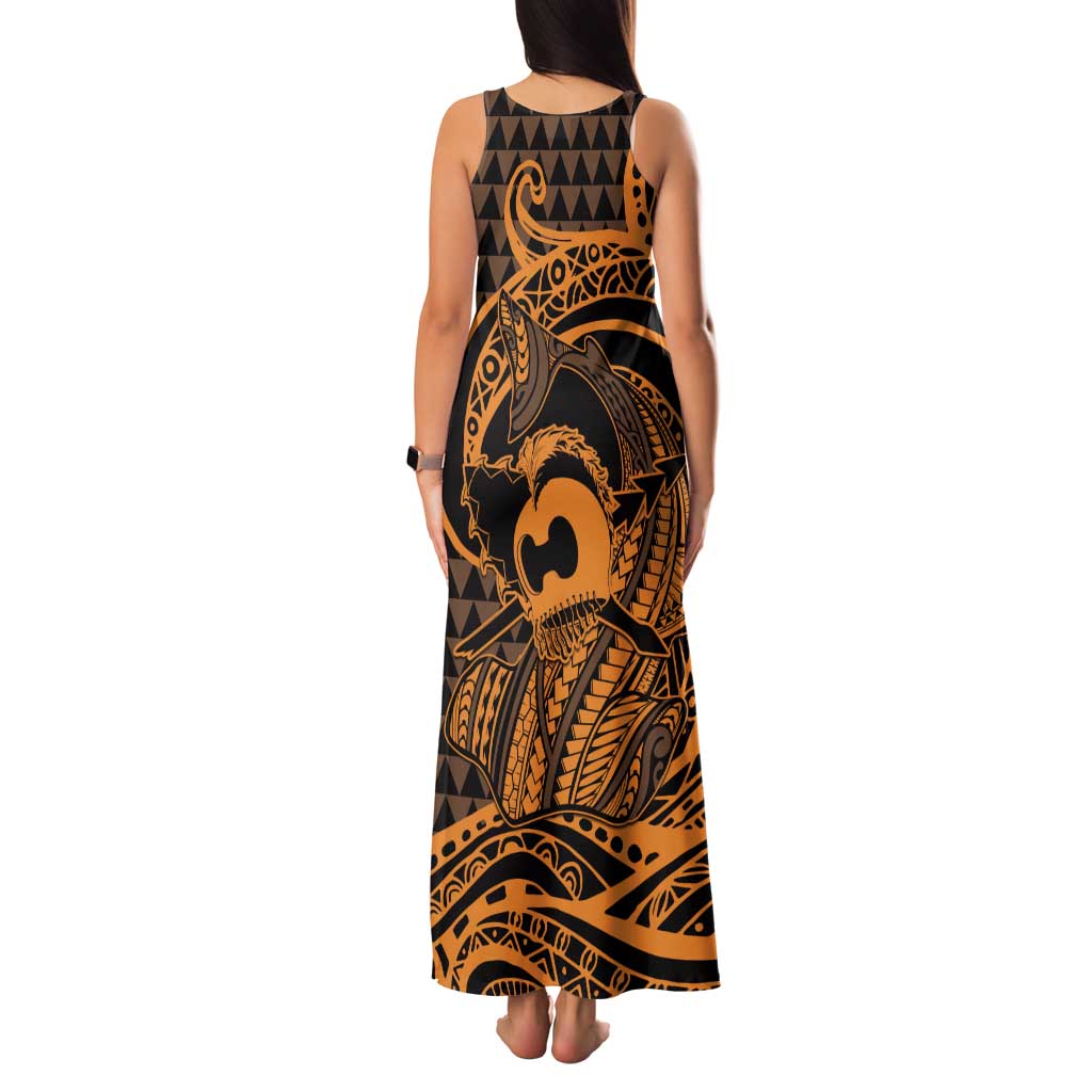 Koa Ikaika Warrior Helmet with Shark Family Matching Tank Maxi Dress and Hawaiian Shirt Gold Kakau Style