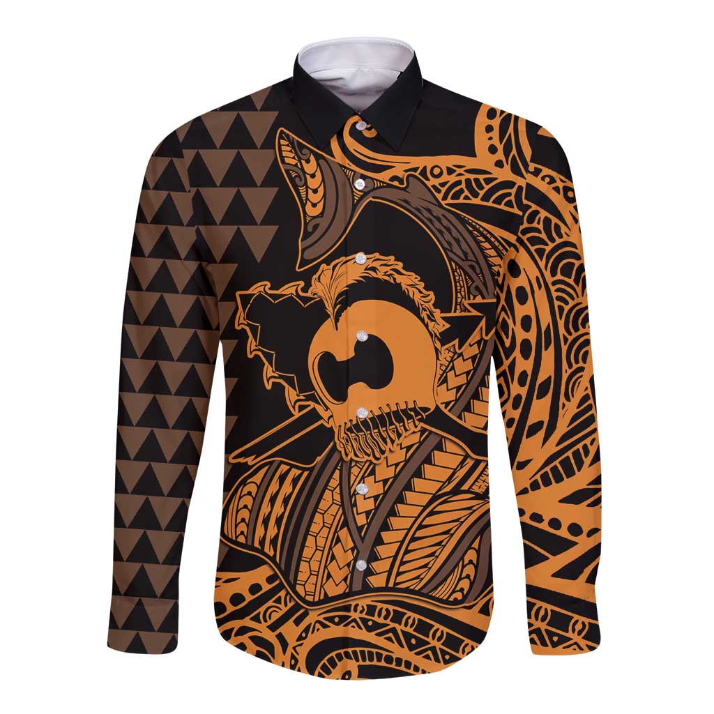 Koa Ikaika Warrior Helmet with Shark Long Sleeve Button Shirt Gold Kakau Style