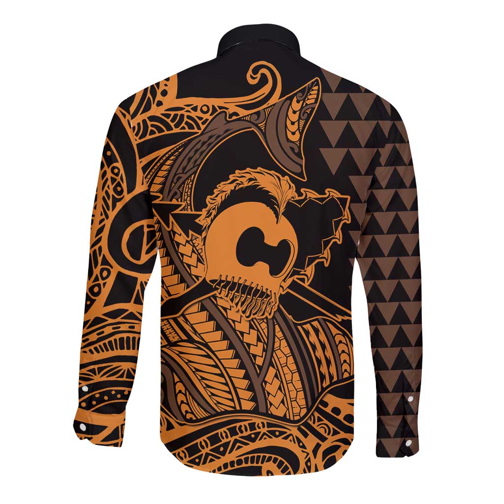 Koa Ikaika Warrior Helmet with Shark Long Sleeve Button Shirt Gold Kakau Style