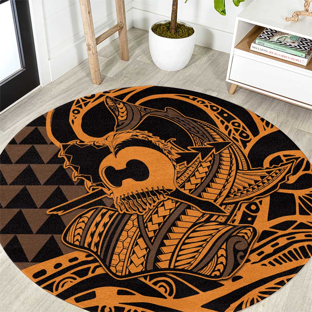 Koa Ikaika Warrior Helmet with Shark Round Carpet Gold Kakau Style LT9 Gold - Polynesian Pride