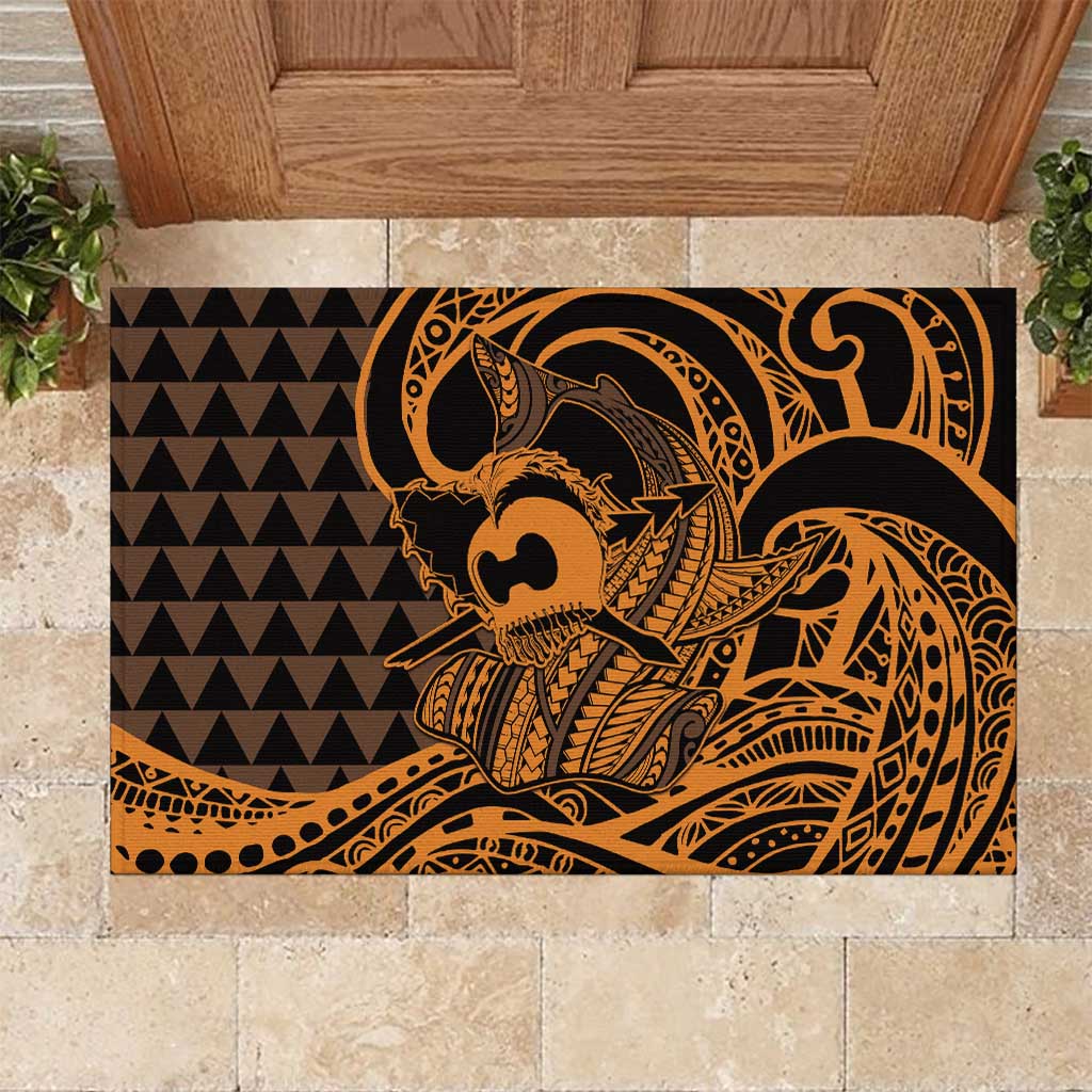 Koa Ikaika Warrior Helmet with Shark Rubber Doormat Gold Kakau Style LT9 Gold - Polynesian Pride