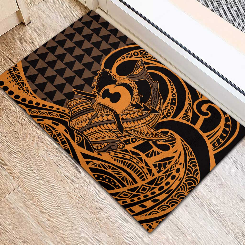 Koa Ikaika Warrior Helmet with Shark Rubber Doormat Gold Kakau Style LT9 - Polynesian Pride